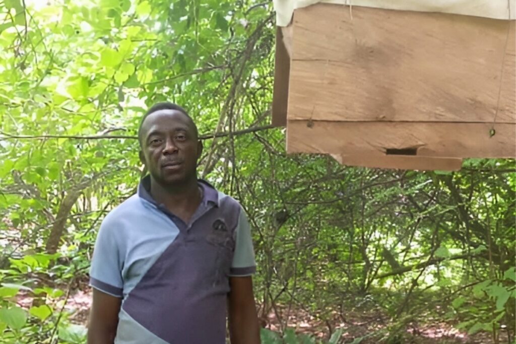 a man stands in a wooded area with a wood bee box hanging from a tree