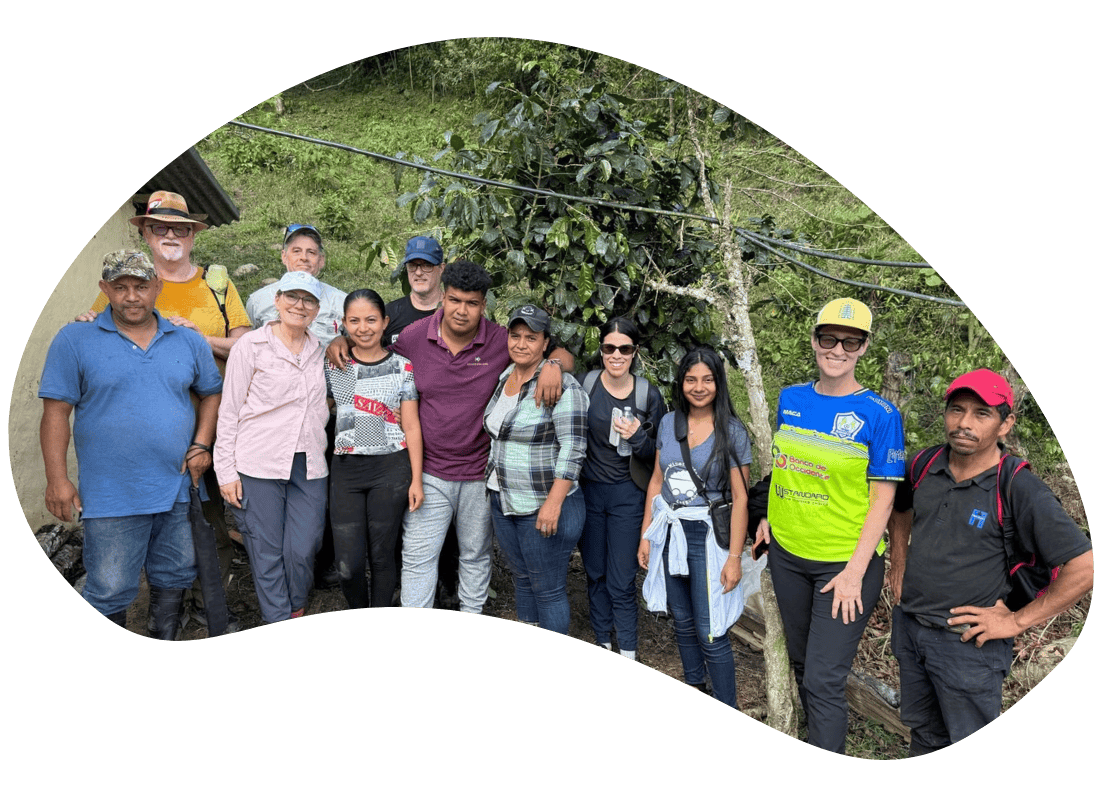 a group of people stand together in front of rain forest vegetation