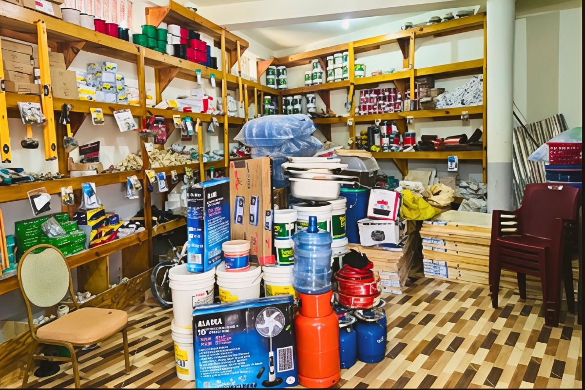 Stack of hardware supplies in the center of a room
