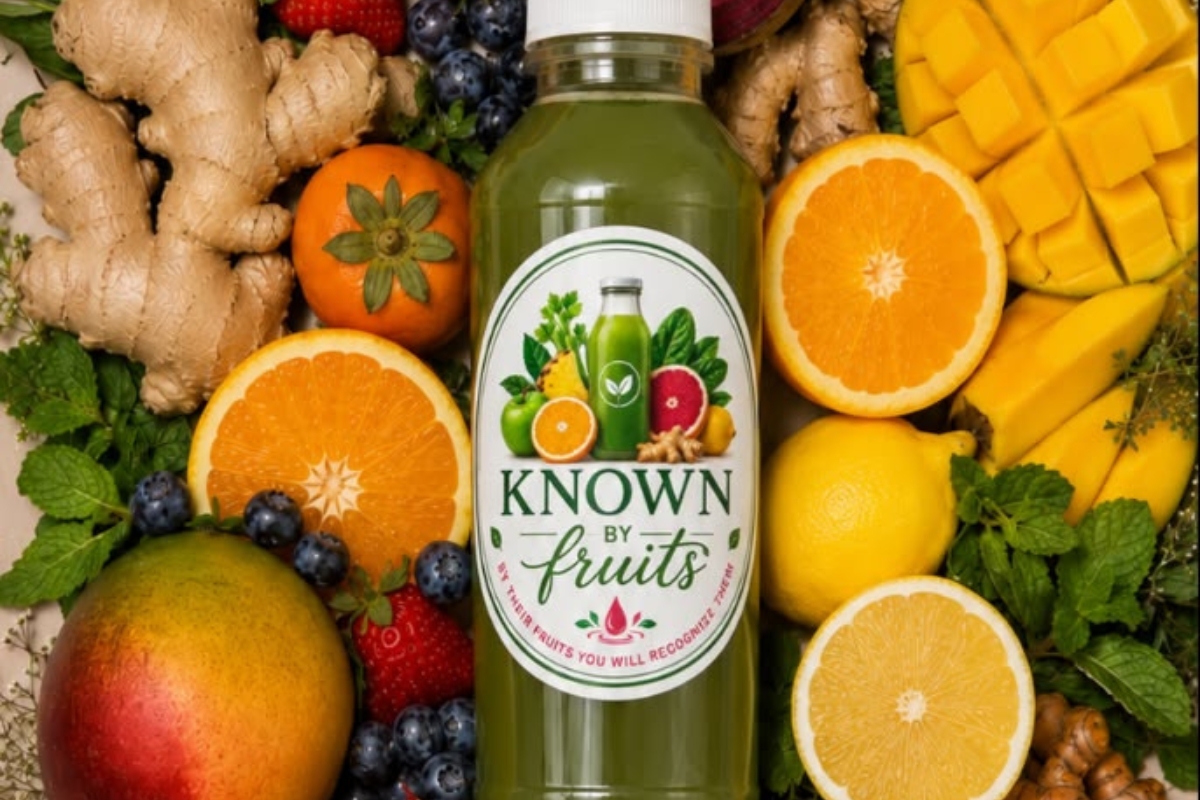 juice surrounded by fresh oranges, mango, ginger, lemons, and other fruits