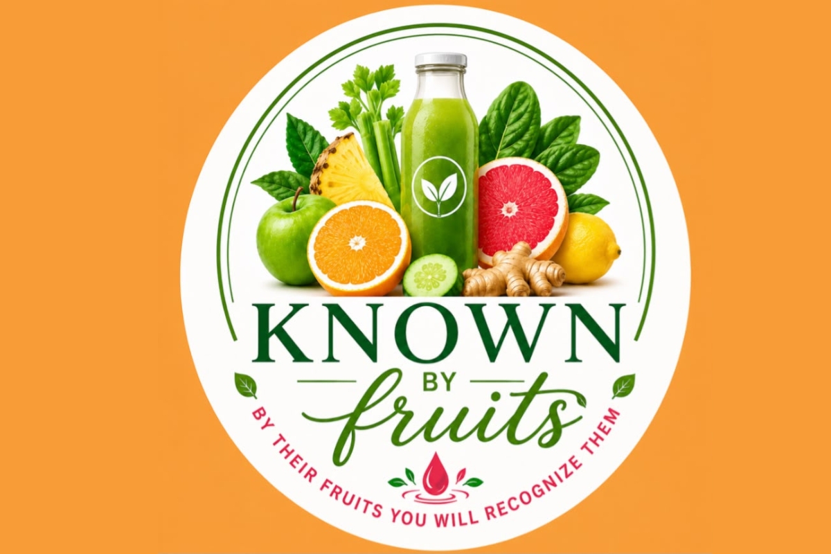 circle logo with juice and fruits and text on an orange background
