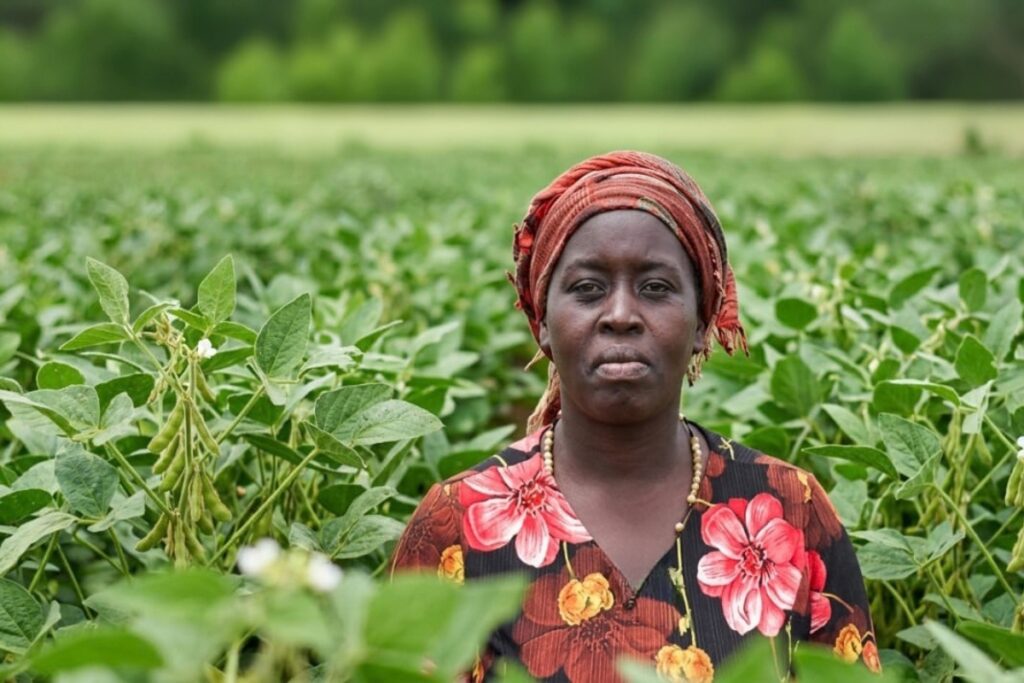 Francesca wearing a red head wrap stands in her soybean field